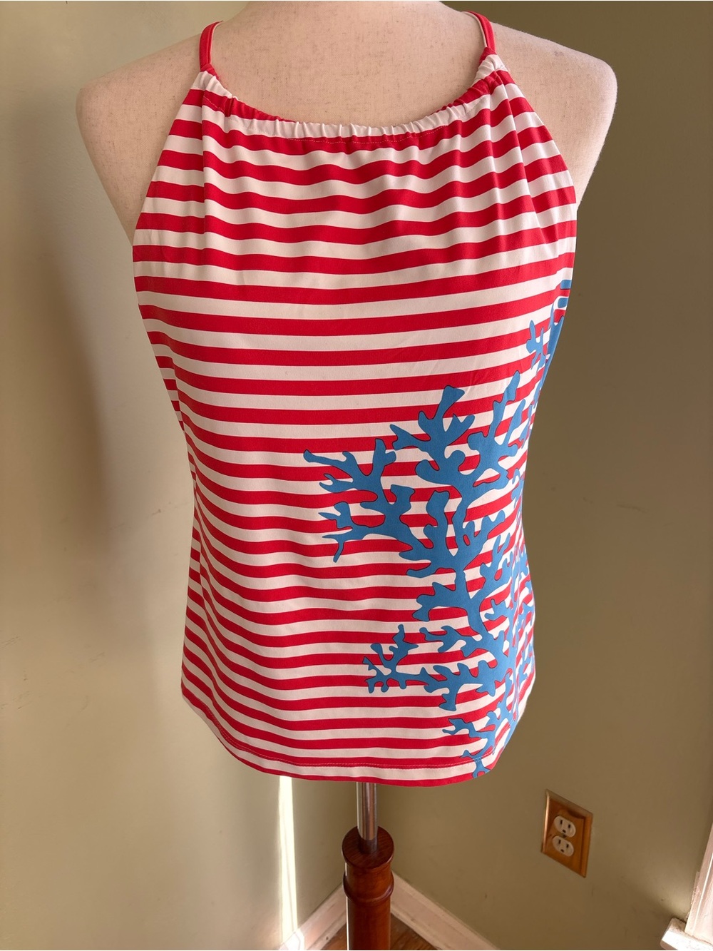 J McLaughlin halter style tank top. White/red stripes w/blue coral print. Size M